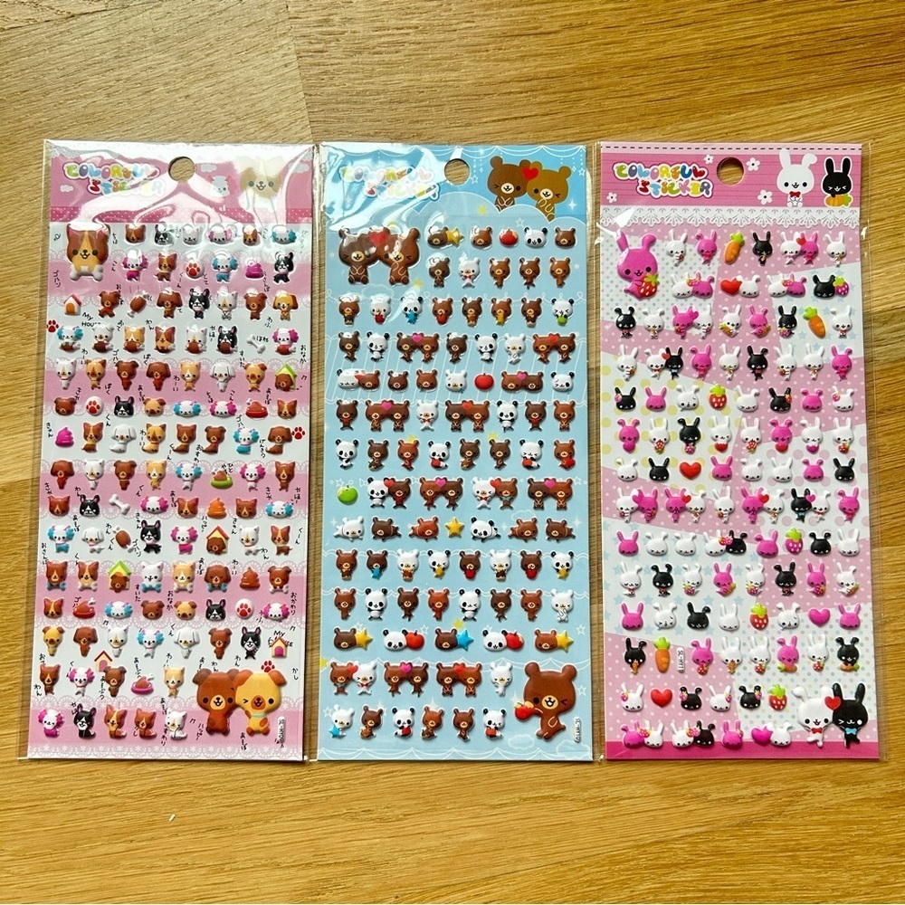NEW Cute Asian Dog Bear Bunny Animal Puffy Poof Stickers Set of 3 Sheets